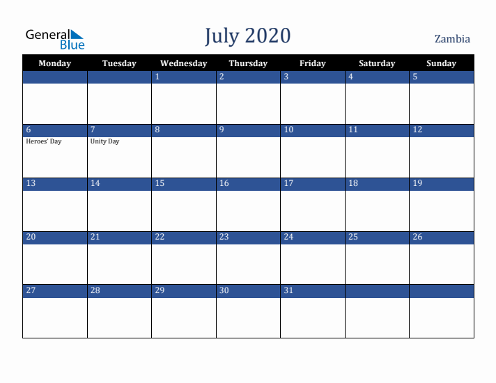 July 2020 Zambia Calendar (Monday Start)
