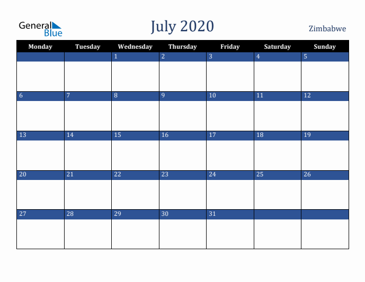 July 2020 Zimbabwe Calendar (Monday Start)