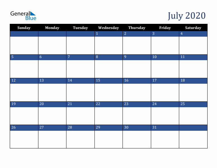 Sunday Start Calendar for July 2020