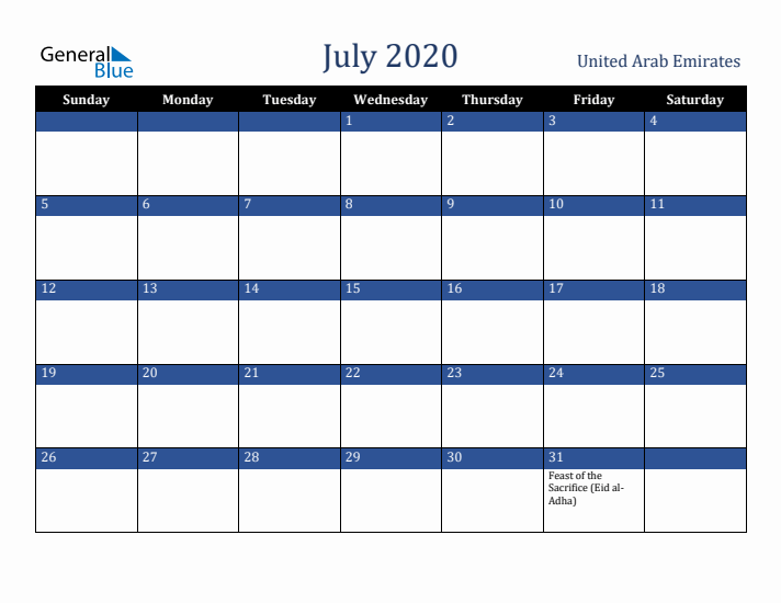 July 2020 United Arab Emirates Calendar (Sunday Start)
