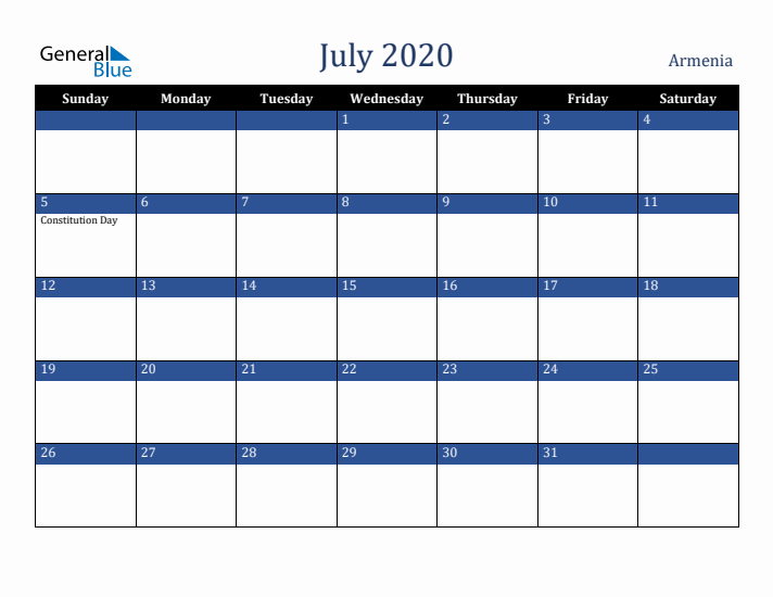 July 2020 Armenia Calendar (Sunday Start)