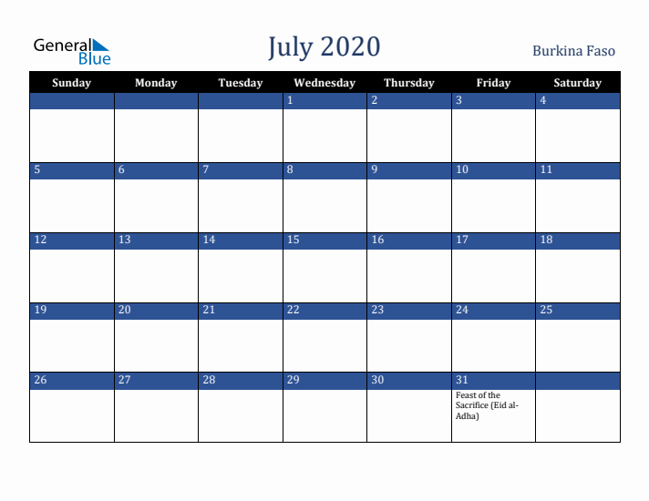 July 2020 Burkina Faso Calendar (Sunday Start)