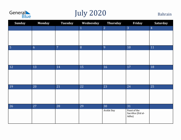 July 2020 Bahrain Calendar (Sunday Start)