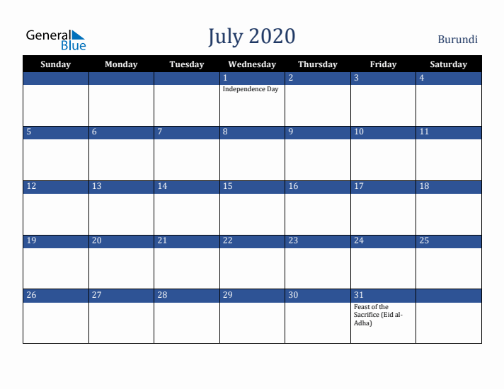 July 2020 Burundi Calendar (Sunday Start)