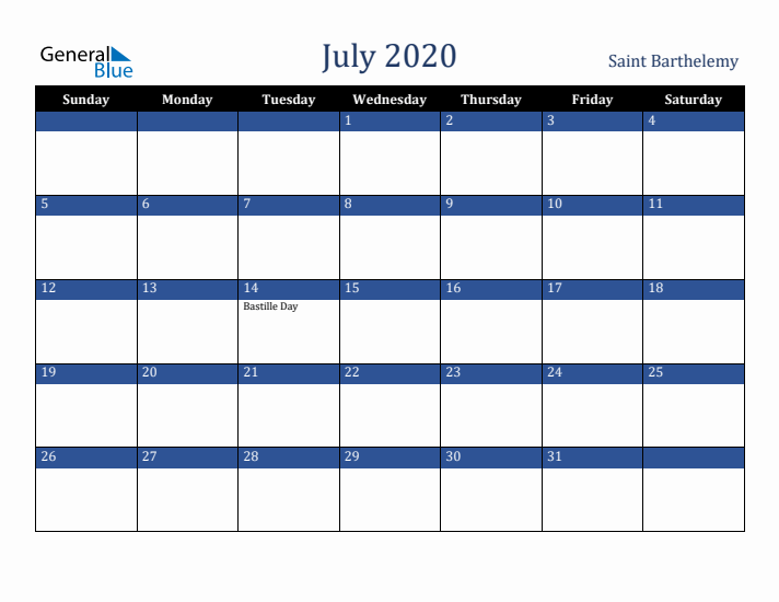July 2020 Saint Barthelemy Calendar (Sunday Start)