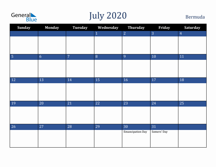 July 2020 Bermuda Calendar (Sunday Start)