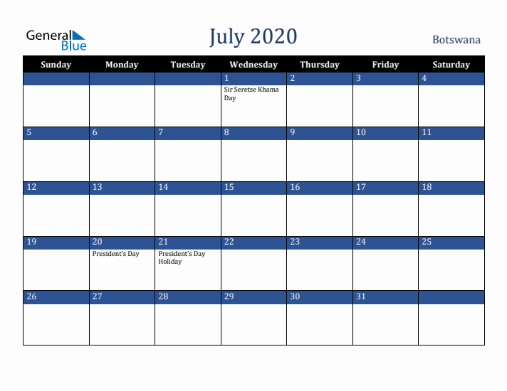 July 2020 Botswana Calendar (Sunday Start)