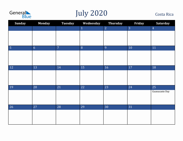 July 2020 Costa Rica Calendar (Sunday Start)