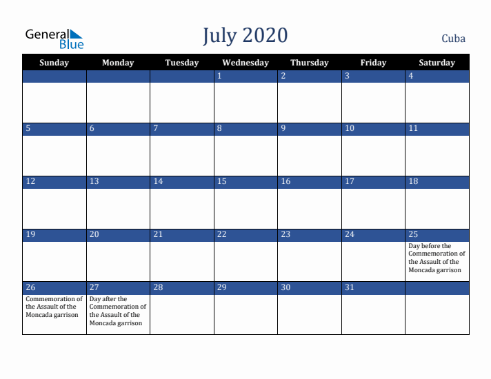 July 2020 Cuba Calendar (Sunday Start)