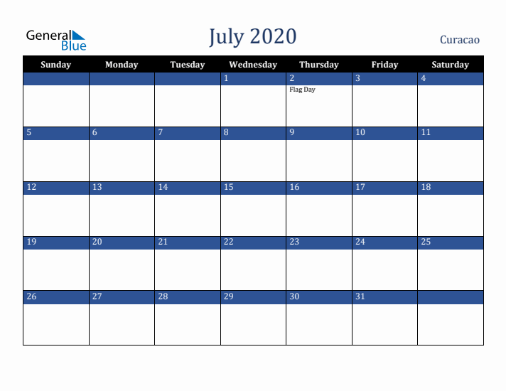 July 2020 Curacao Calendar (Sunday Start)
