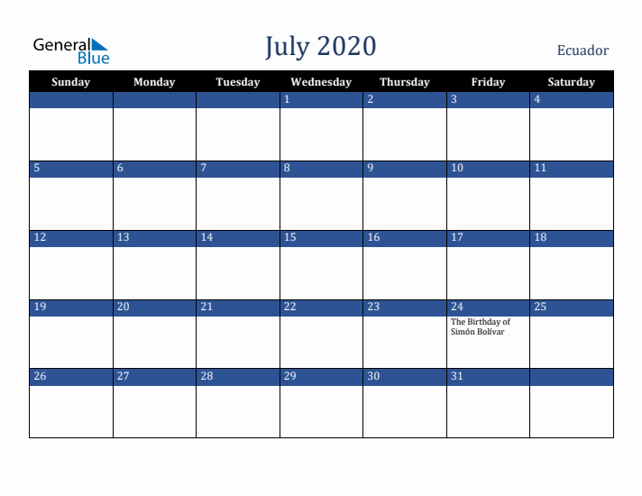 July 2020 Ecuador Calendar (Sunday Start)