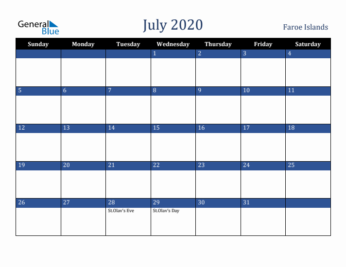 July 2020 Faroe Islands Calendar (Sunday Start)