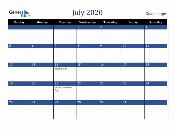 July 2020 Guadeloupe Calendar (Sunday Start)