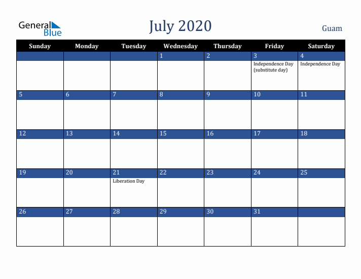 July 2020 Guam Calendar (Sunday Start)