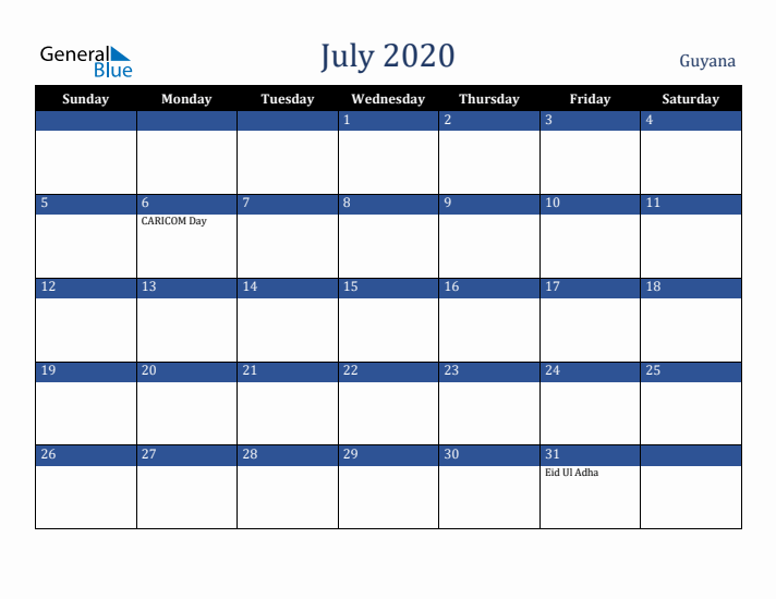 July 2020 Guyana Calendar (Sunday Start)