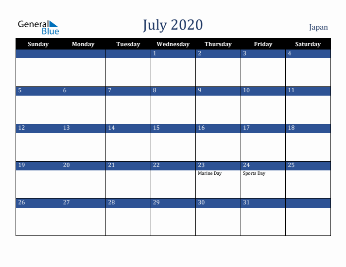 July 2020 Japan Calendar (Sunday Start)