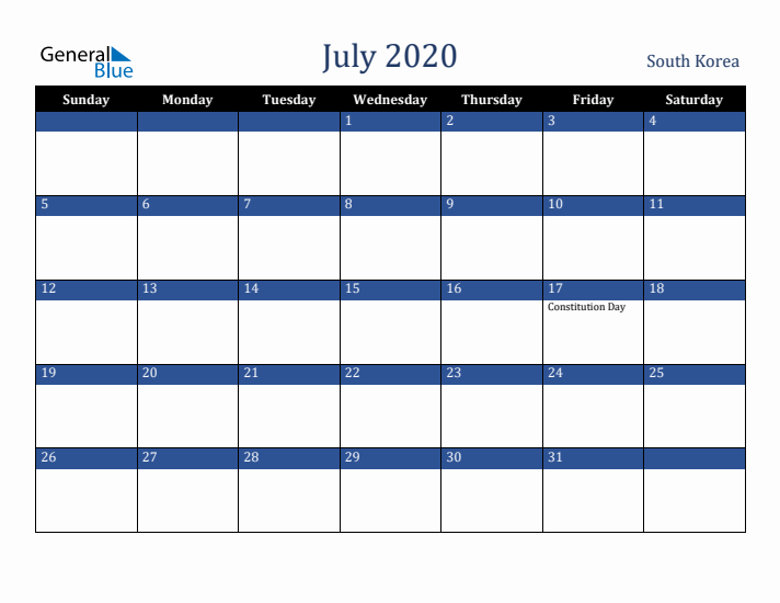 July 2020 South Korea Calendar (Sunday Start)