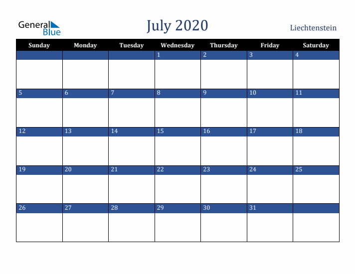 July 2020 Liechtenstein Calendar (Sunday Start)