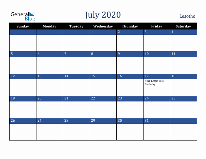 July 2020 Lesotho Calendar (Sunday Start)