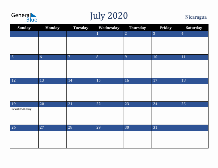 July 2020 Nicaragua Calendar (Sunday Start)