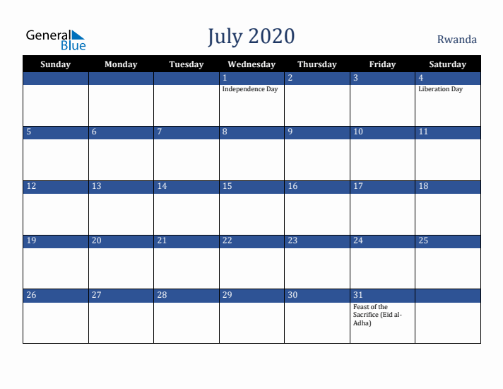 July 2020 Rwanda Calendar (Sunday Start)