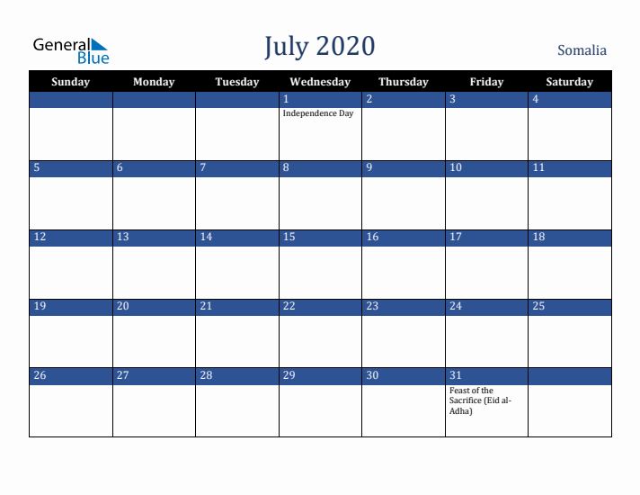 July 2020 Somalia Calendar (Sunday Start)