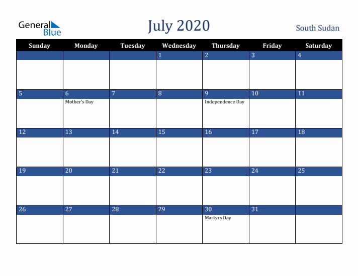 July 2020 South Sudan Calendar (Sunday Start)