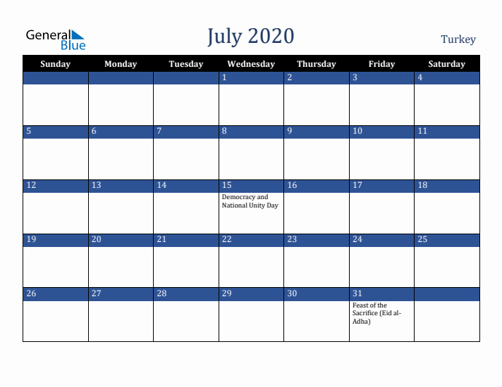 July 2020 Turkey Calendar (Sunday Start)