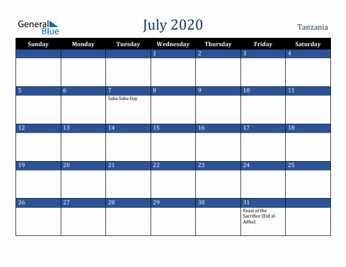 July 2020 Tanzania Calendar (Sunday Start)