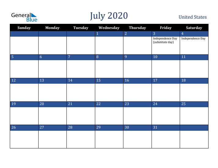 July 2020 United States Calendar (Sunday Start)