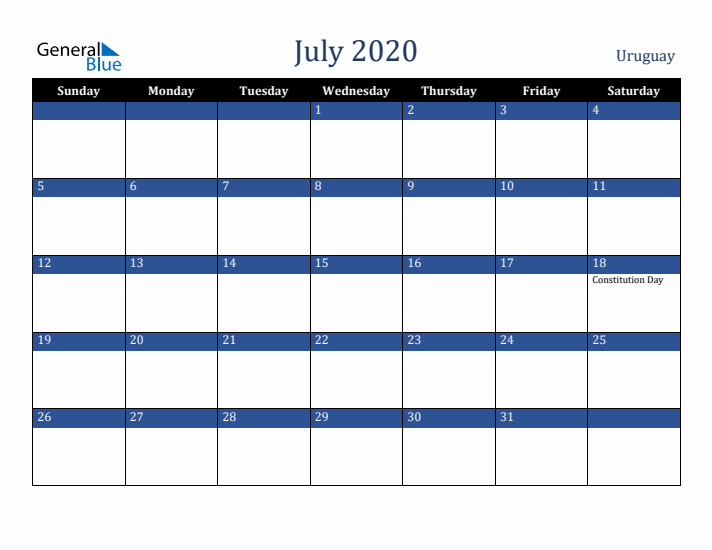July 2020 Uruguay Calendar (Sunday Start)