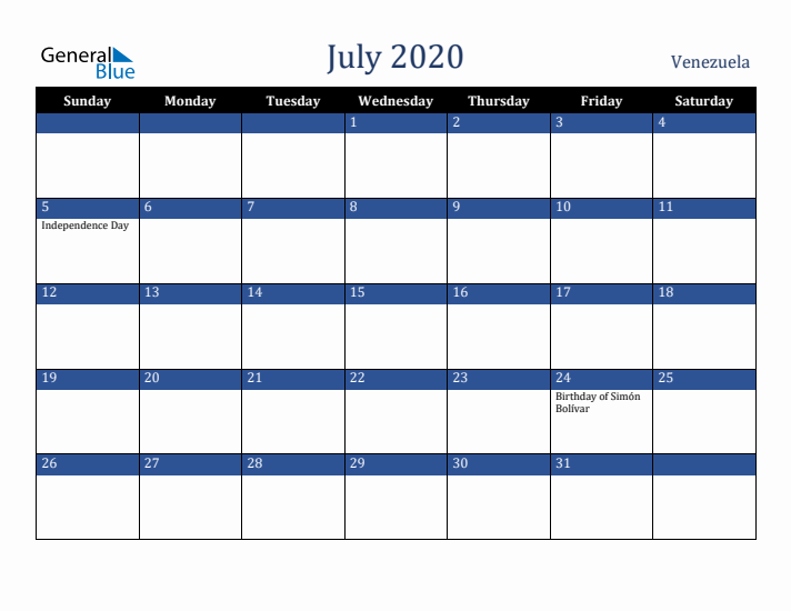 July 2020 Venezuela Calendar (Sunday Start)