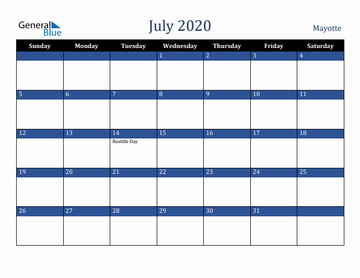 July 2020 Mayotte Calendar (Sunday Start)