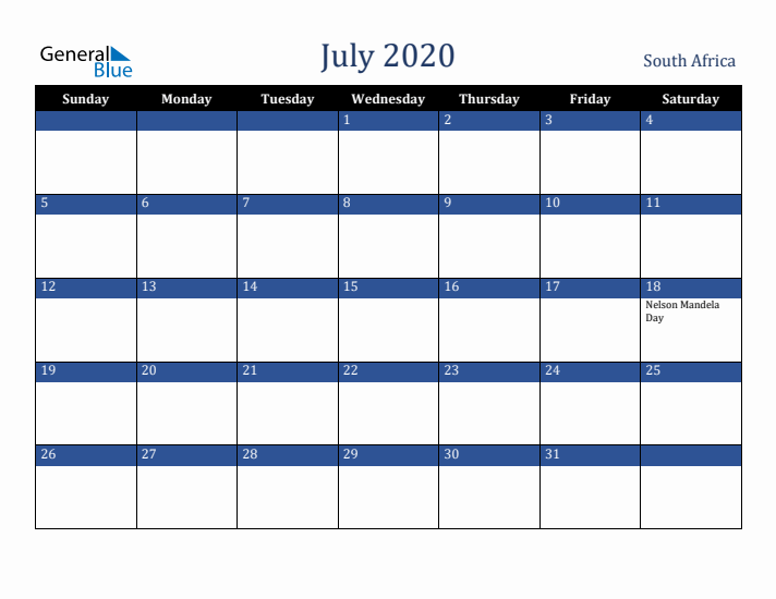 July 2020 South Africa Calendar (Sunday Start)