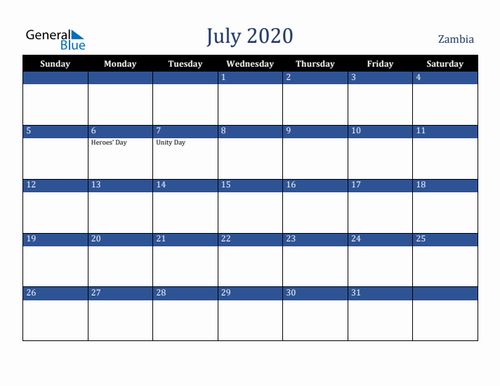 July 2020 Zambia Calendar (Sunday Start)