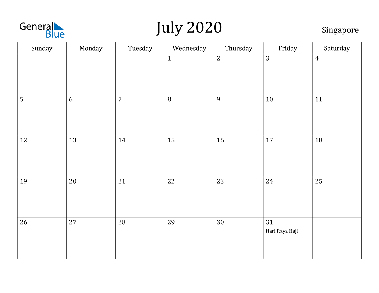 July 2020 Calendar - Singapore