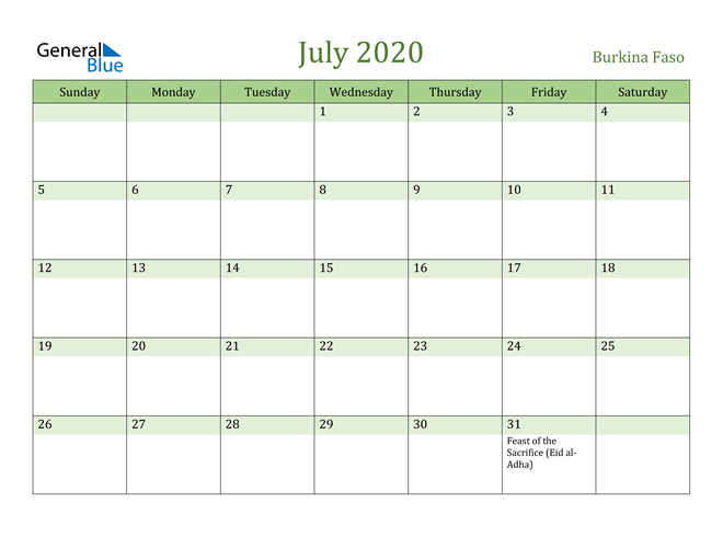 July 2020 Calendar with Burkina Faso Holidays
