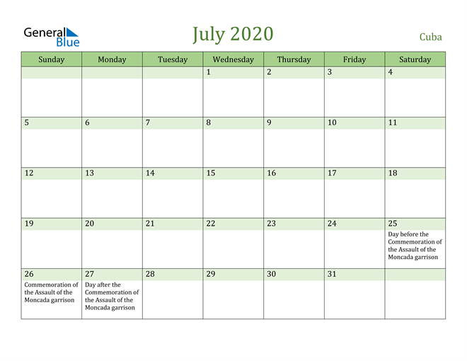July 2020 Calendar with Cuba Holidays