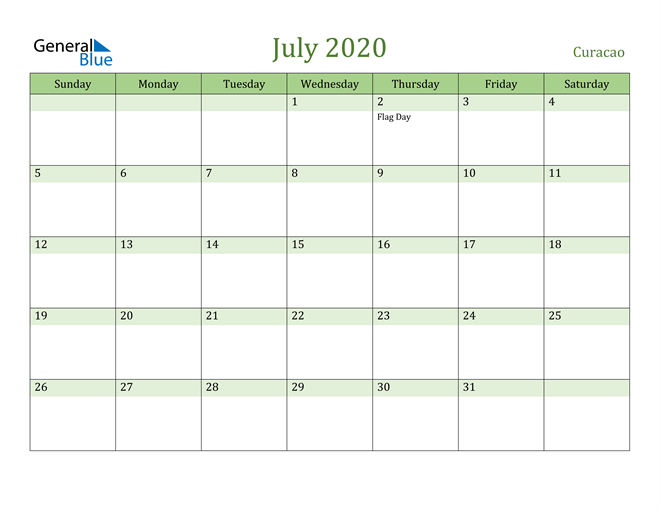 July 2020 Calendar with Curacao Holidays