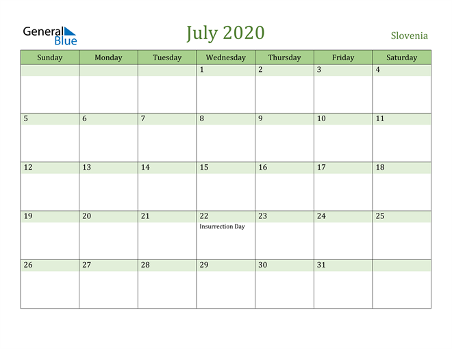 July 2020 Calendar with Slovenia Holidays