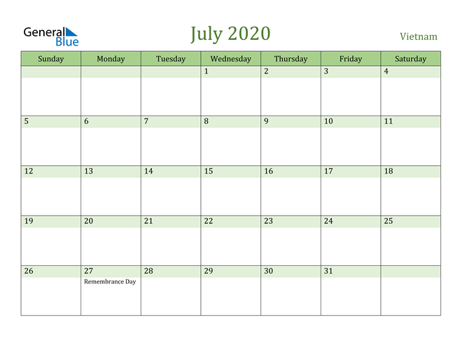 July 2020 Calendar with Vietnam Holidays