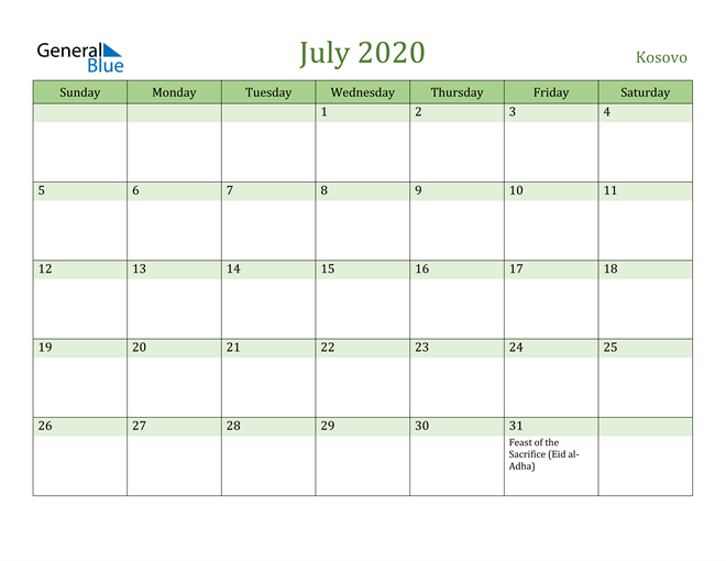 July 2020 Calendar with Kosovo Holidays