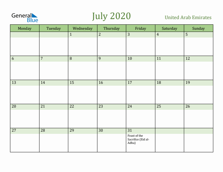 July 2020 Calendar with United Arab Emirates Holidays