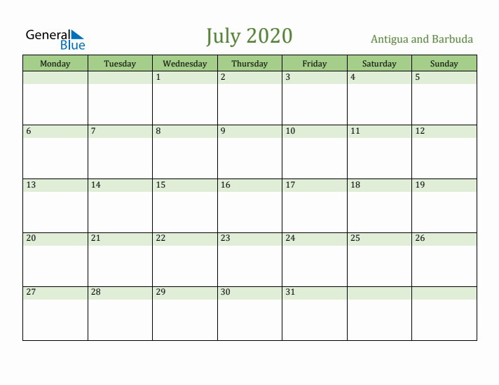 July 2020 Calendar with Antigua and Barbuda Holidays