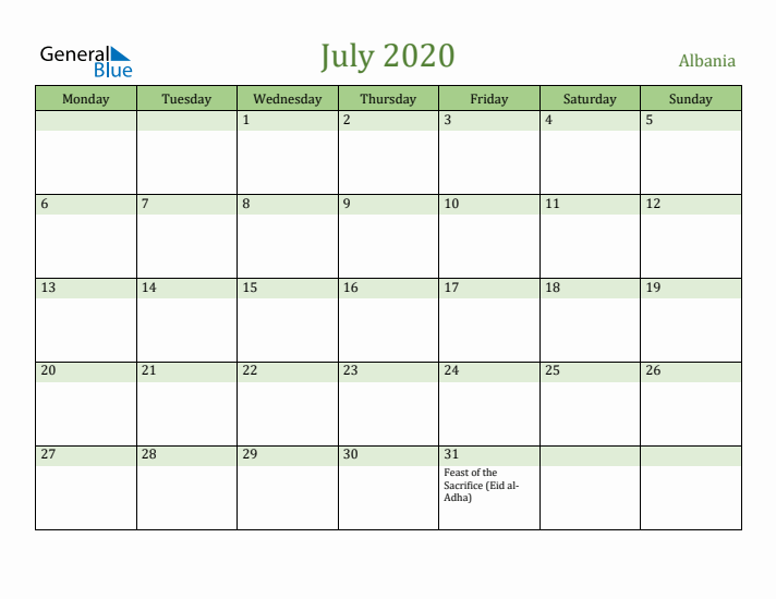 July 2020 Calendar with Albania Holidays