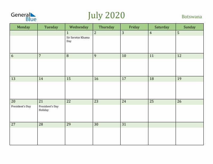 July 2020 Calendar with Botswana Holidays