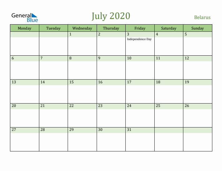 July 2020 Calendar with Belarus Holidays