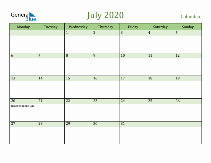 July 2020 Calendar with Colombia Holidays