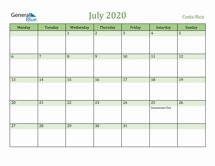 July 2020 Calendar with Costa Rica Holidays
