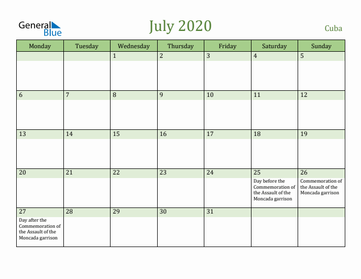 July 2020 Calendar with Cuba Holidays
